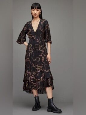 AllSaints Delana Tempest Wrap Slip Dress in deep green with snake- print